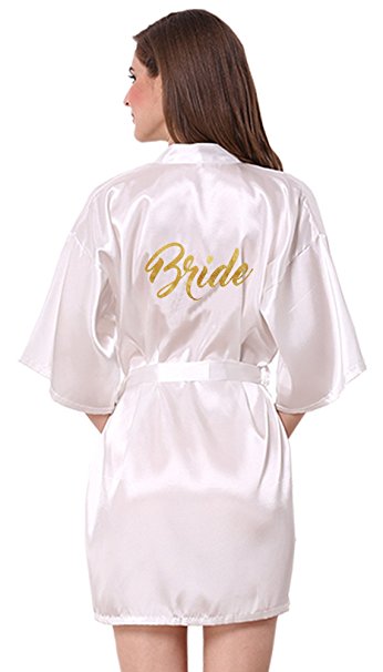 JOYTTON Satin Kimono Wedding Party Getting Ready Robe with Gold Glitter