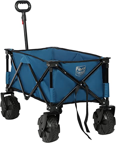 TIMBER RIDGE Outdoor Collapsible Wagon Utility Folding Cart Heavy Duty All Terrain Wheels for Shopping Camping Garden with Side Bag and Cup Holders,Blue