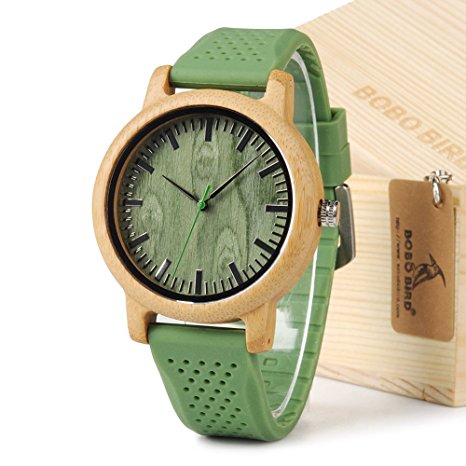 BOBO BIRD B06 Green Silicone Band Green Dial Mens Womens Bamboo Watches with Sony Japan Quartz Movement Watch