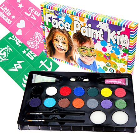 Face Paint Kit For Kids By Bo Buggles; Super-Size (100  Faces) 16 Colors   Stencils 2 Glitter Gels 2 Brushes 2 Sponges. NonToxic Pro Quality Face Painting Party Kit   Bonus Ebook. Join The Bug Club!