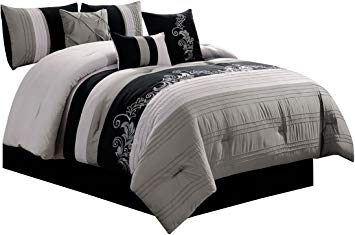 Chezmoi Collection Napa 7-Piece Luxury Leaves Scroll Embroidery Bedding Comforter Set (King, Light Gray/Black)