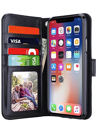 iPhone X Case, iPhone X Wallet Case with Card Holders, ULAK Black Kickstand Premium Synthetic Leather Folio Handmade Wrist-strap Wallet Case Cover for iPhone X / iPhone 10 5.8 inch