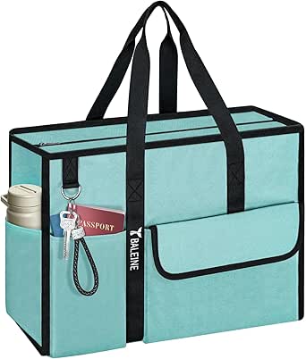 BALEINE Large Utility Tote Bag with Reinforced Bottom, Multi Pockets Foldable Tote Bag for Nurse, Travel, Work