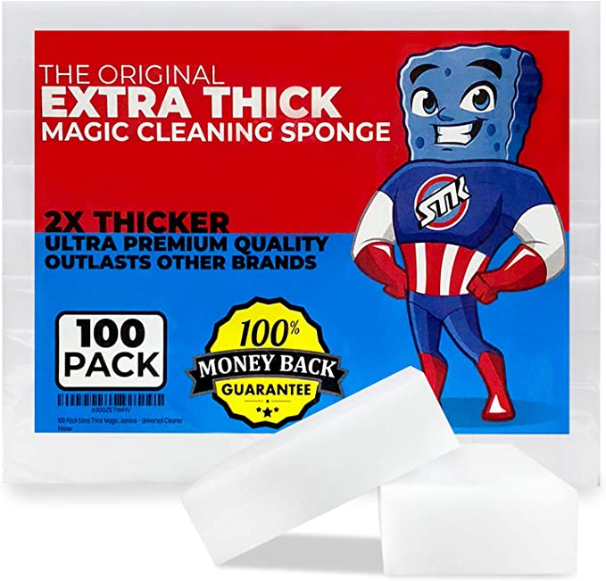 100 Pack Extra Thick Magic Cleaning Sponges - Eraser Sponge For All Surfaces - Double Thickness - Kitchen-Bathroom-Furniture-Leather-Car-Steel - Just Add Water - Melamine - Universal Cleaner