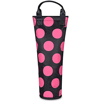 Insulated Single Bottle Nylon Wine Tote Carrier Travel Cooler Bag Purse Leather Handles Steel Opening Reusable, Pink