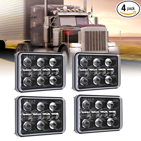 4pcs Dot approved 4x6 inch 60W Rectangular LED Headlights Hi/Lo Sealed Beam Replacement H4651 H4656 Hid Bulb Headlamps KW Kenworth T600 W900 T800 Truck Peterbilt 379 Chevy S10-Black