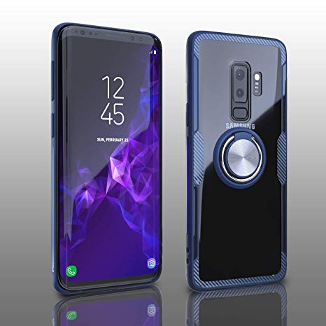 Samsung Galaxy S9 Plus Case | Transparent Crystal Clear Cover | Slim Silicone Rubber Bumper Frame | 360° Rotating Magnetic Finger Ring | Kickstand | Compatible with Samsung Galaxy S9 Plus - Blue