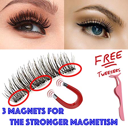 Magnetic Eyelashes with 3 Strong Magnets - Long Ultra Thin Full Size Magnetic False Eyelash Extension Set (4 pieces) with FREE Tweezers, 3D Reusable Glue-Free Fake Lashes, Natural Look 1 Pair