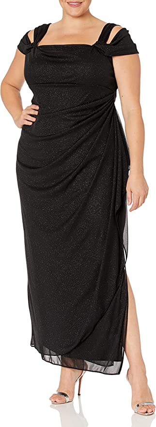 Alex Evenings Women's Plus Size Long Cold Shoulder Dress with Ruched Skirt