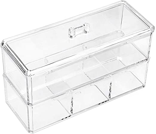 Hipiwe 4 Compartments Acrylic Cotton Ball and Swab Holder - Double Deck Makeup Storage Container with Lid Clear Pad Q-tip Organizer Case for Office, Bathroom, Kitchen Supplies