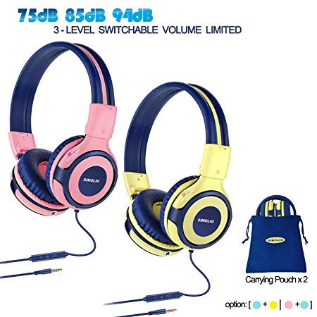 2 Pack of SIMOLIO Kids Headset with 75dB/85dB/94dB Volume Limit,Headset with Mic & Share Port for Kids,On-Ear Headphone with Storage Pouch,Foldable Headphone for Boys/Girls/Travel/School(Yellow Pink)