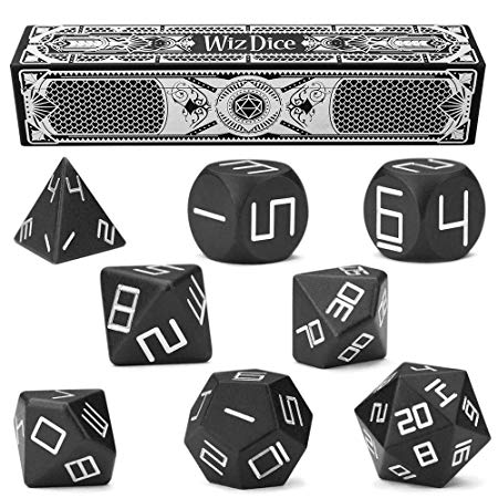 Set of 8 Masterwork Precision Aluminum Polyhedrals with Laser-Etched Strongbox by Wiz Dice - Choose from 8 Anodized Colors (Obsidian)