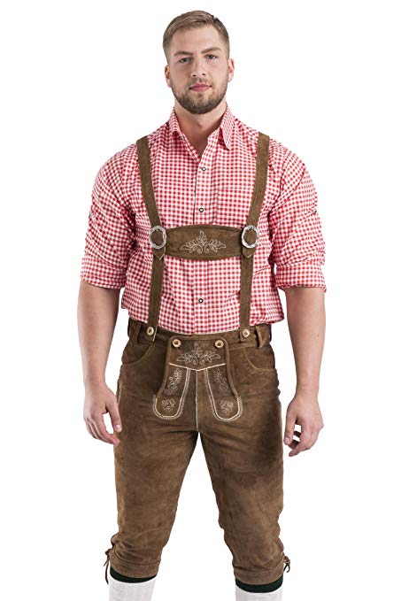 Original Bavarian leather trousers with suspenders for Oktoberfest/Beer fest – 100% suede leather – Traditional German Lederhosen in different colours.