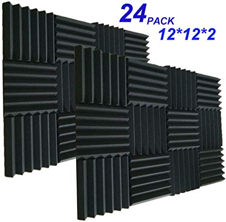 24Pack Acoustic Foam Panels 1" X 12" X 12" Soundproofing Studio Foam Wedge Tiles Fireproof - Top Quality - Ideal for Home & Studio Sound Insulation (24pcs, BLACK)