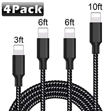 DEEPCOMP Phone Charger Cable, Charger Cord 4Pack (3FT 6FT 6FT 10FT) Nylon Braided Durable Charging Cable Fast Charging Compatible Phone X/Xs/Xr/8/8Plus/7/7Plus/6/6Plus/5/5SE Pad Pod & More (Black)