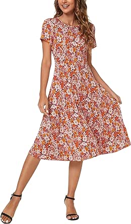 Urban CoCo Women's Floral Print Short Sleeve Flared Midi Dress