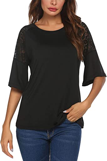 Meaneor 3/4 Sleeve Women Tops and Blouses Solid Lace Summer Tops Round Neck T-Shirts for Women S-XXL