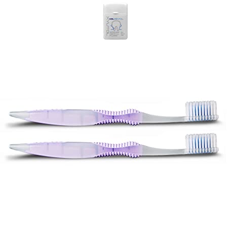 Sofresh Flossing Toothbrush - Adult Size | You Choose Color and Quantity (2, Purple) | Bundle with (1) WELdental Mint Xylitol Dental Floss Travel Size