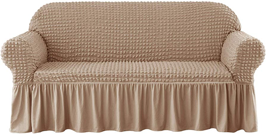 Subrtex Stretch Sofa Cover Skirt Style Couch Slipcover 1 Piece Universal Seersucker Sofa Protector with Ruffle Skirt Country Style Durable All-Purpose Furniture Cover(Sofa, Oatmeal)