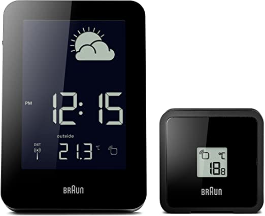 Braun Digital Multi-Region Radio Controlled Weather Station Clock with Indoor and Outdoor Temperature and Humidity, Forecast, Negative LCD Display, Quick Set, Beep Alarm in Black, Model BNC013BK-RC