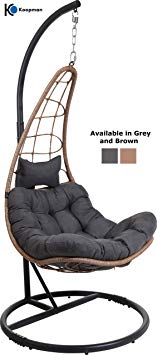 E-Stores Direct Rattan Hanging Swing Chair with Stand & Cushion Moon or Pear (Moon, Brown)