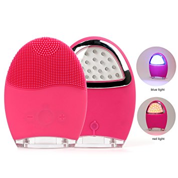 HailiCare LED Photon Therapy Facial Brush Silicone Electric Cleansing Brush Rechargeable Face Washing Beauty Machine Waterproof (Red)