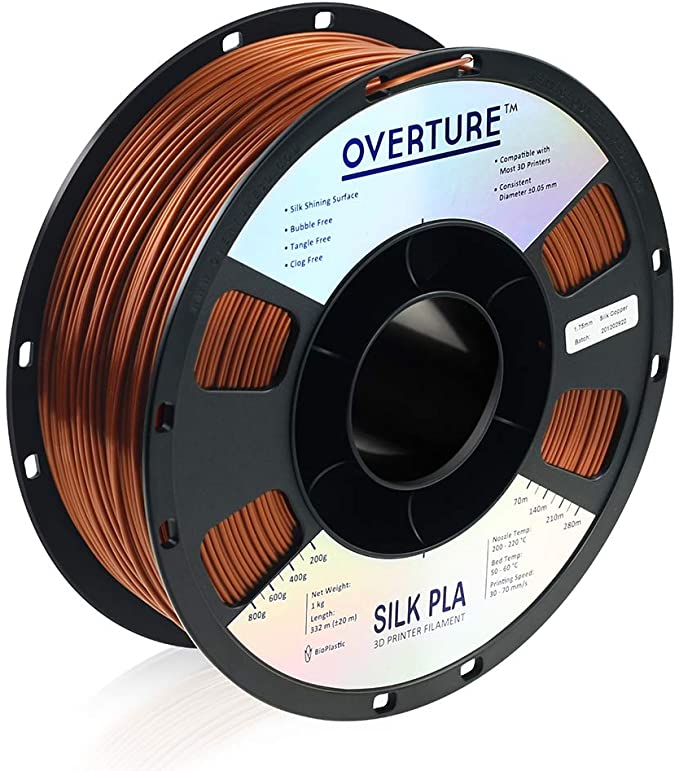 OVERTURE Silk Filament PLA 1.75mm Clog-Free Shiny 3D Printer Consumables, 1kg Spool (2.2lbs), Dimensional Accuracy  /- 0.05 mm, Silk Copper