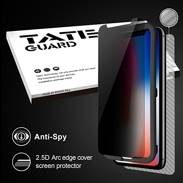 [Privacy Proof][Case Friendly] iPhone X, iPhone 10 Screen Protector, [Anti Spy] Tateguard iPhone X Tempered Glass Screen Protector [Easy Install] [Bubble Free] [Anti Scratch] with A Free Back Cover