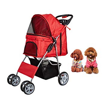 Dporticus 4 Wheel Pet Stroller Foldable Two-Seater Carrier Strolling Cart for Dog、 Cat and More Multiple Colors