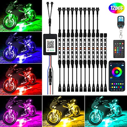 SUPAREE Motorcycle Led Light Kit,12Pcs Motorcycle Lights Underglow Waterproof Motorcycle LED Strip Light with APP IR RF Remote Controllers,Music Sync RGB LED Lights for Motorcycles, DC 12V