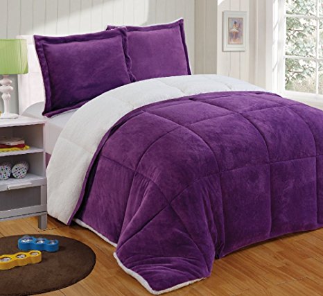 Chezmoi Collection 3-piece Micromink Sherpa Reversible Down Alternative Comforter Set (King, Purple)