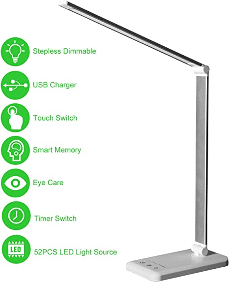 LED Desk Lamp,Eye-Caring Table Lamps,Stepless Dimmable Office Lamp with USB Charging Port,Touch/Memory/Timer Function,25 Brightness Lighting,Foldable Lamp for Reading,Studying,Working,Himigo,White