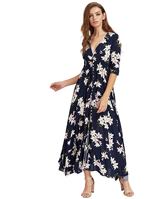 Milumia Women's Button up Split Floral Print Flowy Party Maxi Dress