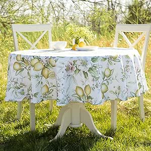 Benson Mills Spillproof Spring/Summer Heavyweight Fabric Indoor Outdoor Tablecloth, Outdoor Table Cloth for Round Tables, Picnic/Patio Table Covers (Limona, 70" Round)