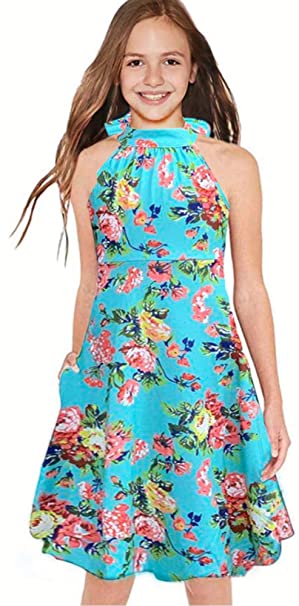 Miss Bei Girls Dresses Sleeveless Printed Flower Summer Dress Halter Neck Loose Casual Dresses