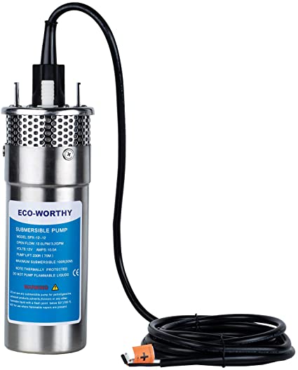 ECO-WORTHY 12V DC Submersible Deep Well Pump, Large Flow 12LPM 3.2GPM 10A, Max Lift 230FT, Max Submersion 100FT, Deep Well Water DC Pump/Alternative Energy Solar Battery, Pond Pump Solar Water Pump