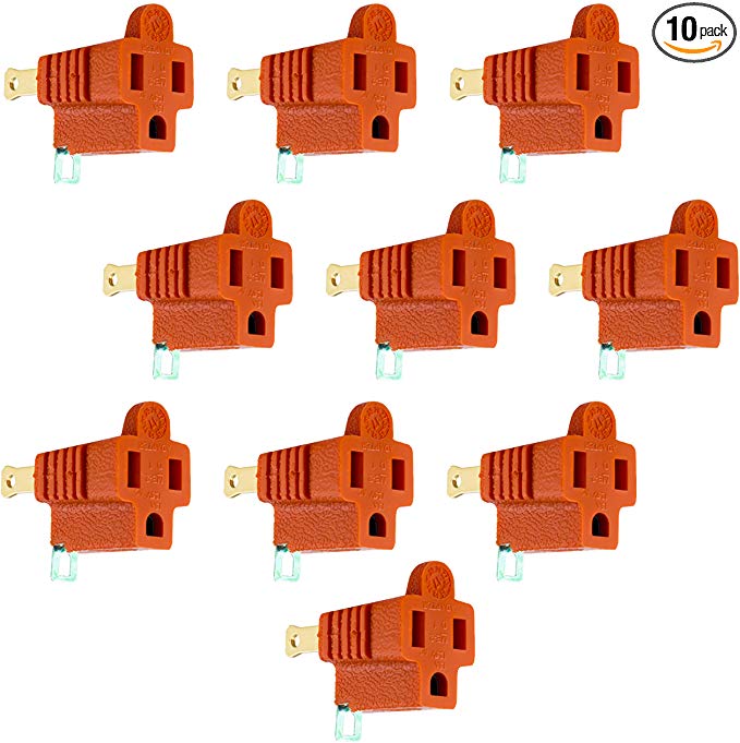 GE Polarized Grounding Adapter, 10 Pack, Turn 2-Prong Outlets into 3, Easy to Install, Indoor Only, UL Listed, Orange, 46851