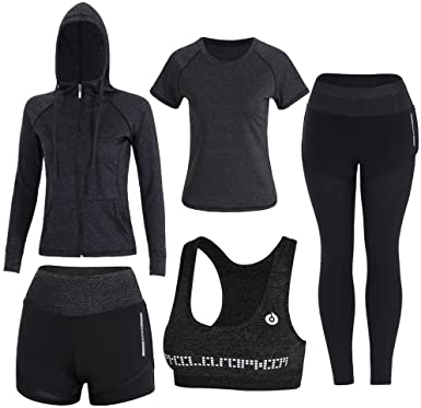 ZETIY Women's 5pcs Sport Suits Fitness Yoga Running Athletic Tracksuits