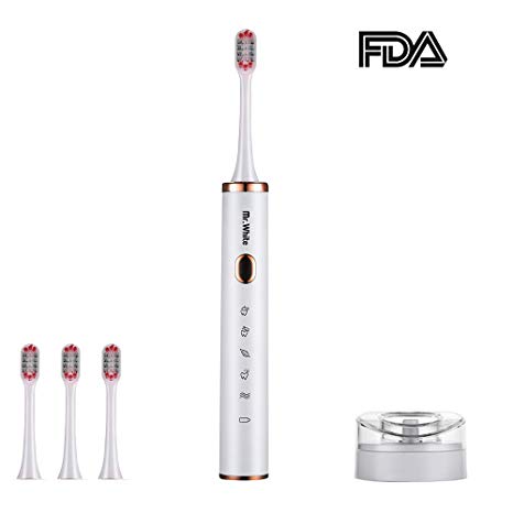 Mr.White Electric Toothbrush Rechargeable Toothbrush 5 Modes IPX7 Waterproof with USB Wireless Charging Base Holder 2 Minutes Smart Timer 9 Replacement Heads Travel Case