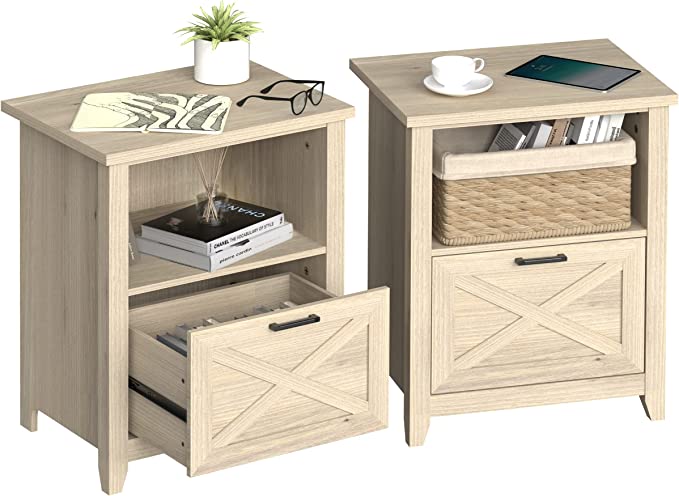 PrimeZone 30" Tall Nightstand for King & Queen Bed with Storage Drawer & Open Cubby - Beige Bedside Table Night Stand for Bedroom, Wood End Table Living Room, Warm Oak, Set of 2