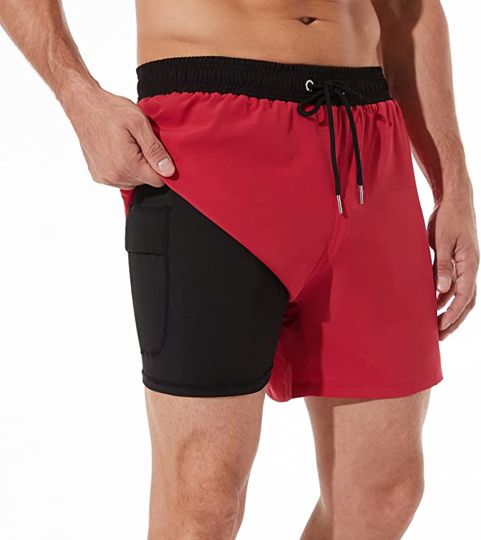 BRISIRA Swim Trunks Men Swim Shorts Quick Dry 5 inch Inseam Beach Shorts with Compression Liner and Zipper Pocket