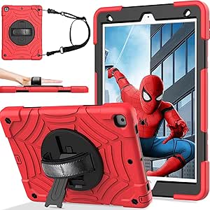 BMOUO Case for iPad 6th/5th Generation/Air 2, for iPad 9.7 Case 2018/2017 with Screen Protector, 360 Rotating Stand & Hand & Shoulder Strap Kids Case for iPad 6th/5th Gen/Air 2, Red Black