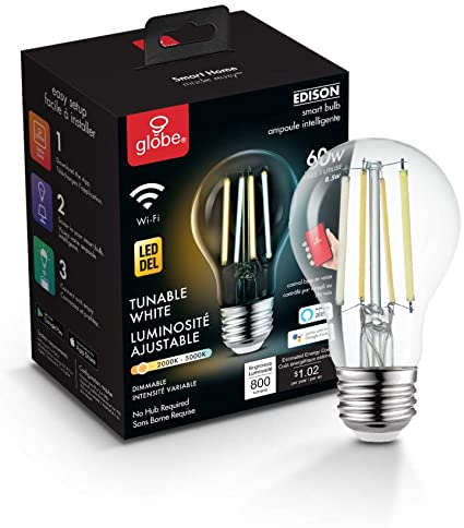 Globe Electric Globe Smart Collection Wi-Fi 8.5W Straight Filament Tunable LED Light Bulb, No Hub Required, Voice Activated, 2000K-5000K, Vintage Edison Style, A19 Shape, E26 Base 34921, A19, Clear