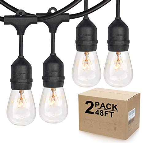 2-Pack Dimmable Outdoor String Lights for Patio, Waterproof &UL-Listed, Amber Glow Hanging Vintage 11W Edison Bulbs, 48Ft Commercial Lights String Perfect for Cafe Bistro Backyard Pergola, Blk(96ft)