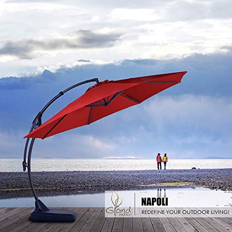 Grand patio Deluxe Napoli 12 FT Curvy Aluminum Offset Umbrella, Patio Cantilever Umbrella with Base, Red