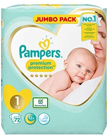 Pampers Premium Protection Softest Comfort Nappies Jumbo Pack Approved by British Skin Foundation, Size 1, Pack of 2 (72 x 2)