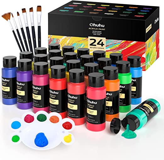 Craft Acrylic Paint Set, Ohuhu 24 Color Large Capacity (2oz) Acrylic Painting Bottles with 6 Brushes and Mixing Palette for Rocks, Canvas, Wood, Ceramic, Crafts, Paints for Students Kids Adults Peinture Acrylique