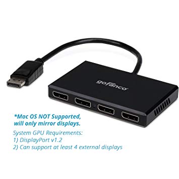 gofanco 4 Port DisplayPort 1.2 to DisplayPort Multi Stream Transport MST Hub 1x4 DisplayPort Splitter for Windows PCs, Eyefinity Compatible, Display Modes: Mirror, Extended, Video Wall with Eyefinity