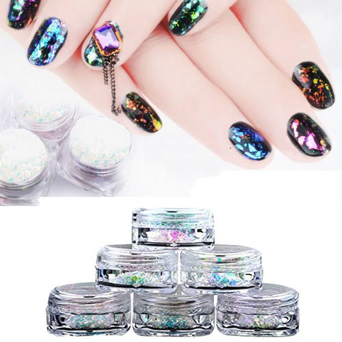 PrettyDiva Chrome Iridescent Glitter Flakes Set, 6 Colors Starry And Mirror Effect Lightweight Fairy Dust For Nails