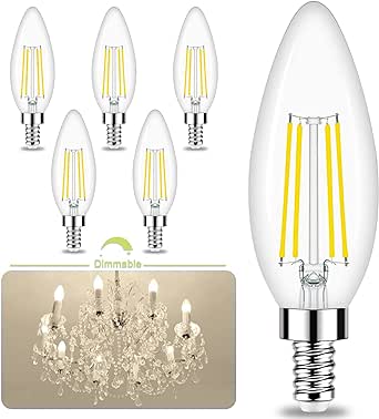 Honesorn E12 Led Bulbs, 4W (60W Equivalent) Candelabra Led Light Bulbs, 4000K Natural White Chandelier Light Bulbs, 600LM Clear Glass C35 Light Bulbs with Filament, Dimmable Candle Light Bulbs 6 Pack